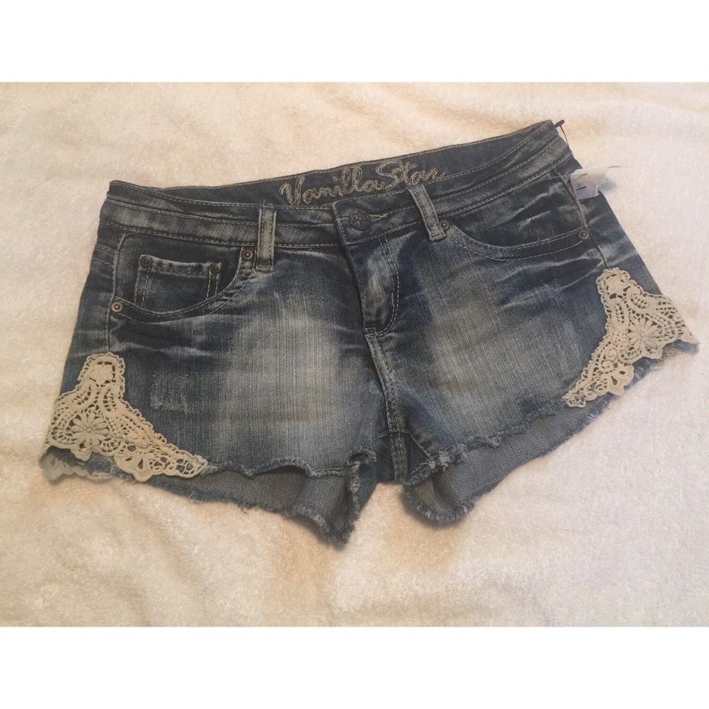 Denim Shorts with cream colored lace accent